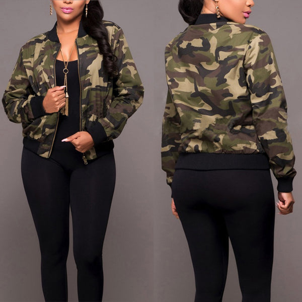 Women Long Sleeve Army Camouflage Bomber Autumn Casual Jacket