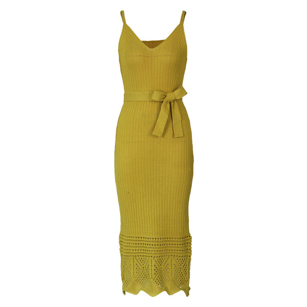 Women Sexy Spaghetti Strap Knitted Sleeveless Ribbed Bodycon Slimming Dress With Sash Belt