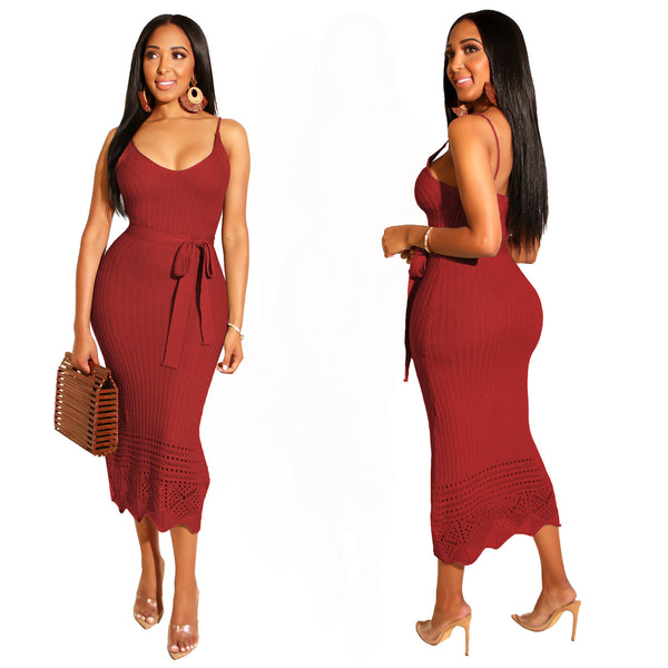 Women Sexy Spaghetti Strap Knitted Sleeveless Ribbed Bodycon Slimming Dress With Sash Belt