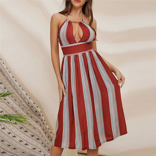Women Fashion Off-Shoulder Sleeveless Stripe Long Dress
