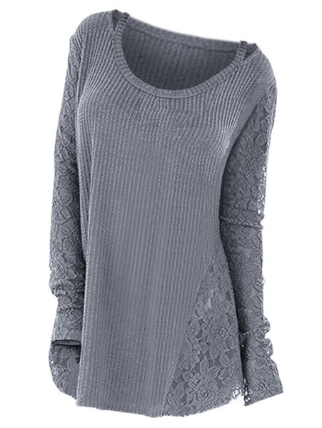 Women Floral Lace Long Sleeve Knitted Casual Sweater