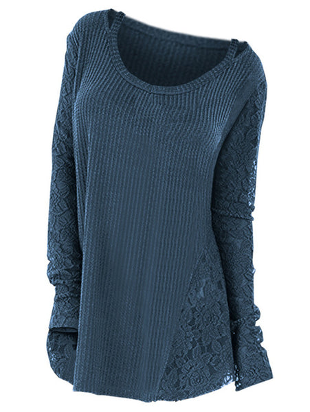 Women Floral Lace Long Sleeve Knitted Casual Sweater