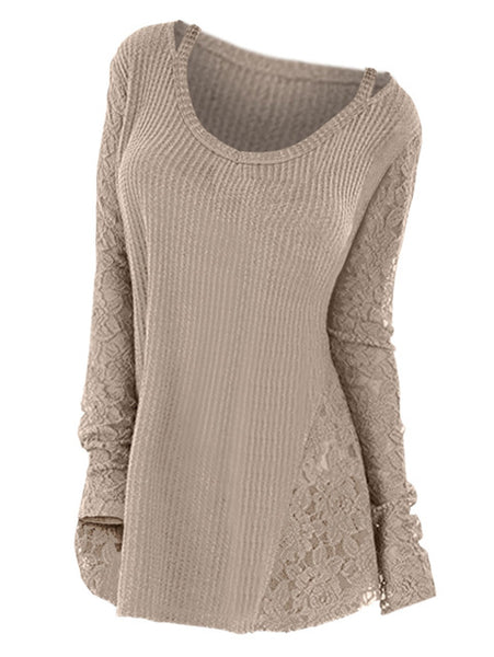Women Floral Lace Long Sleeve Knitted Casual Sweater