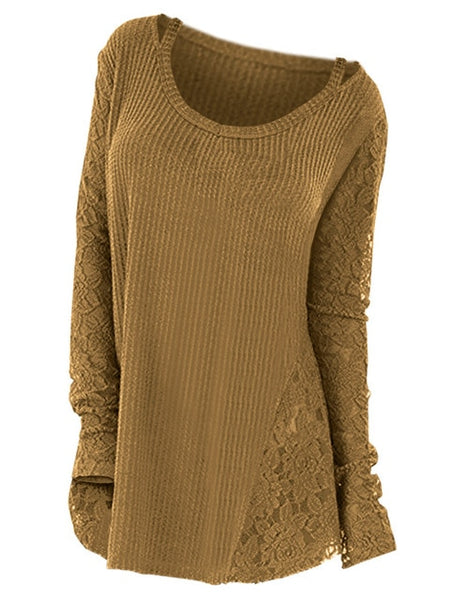 Women Floral Lace Long Sleeve Knitted Casual Sweater