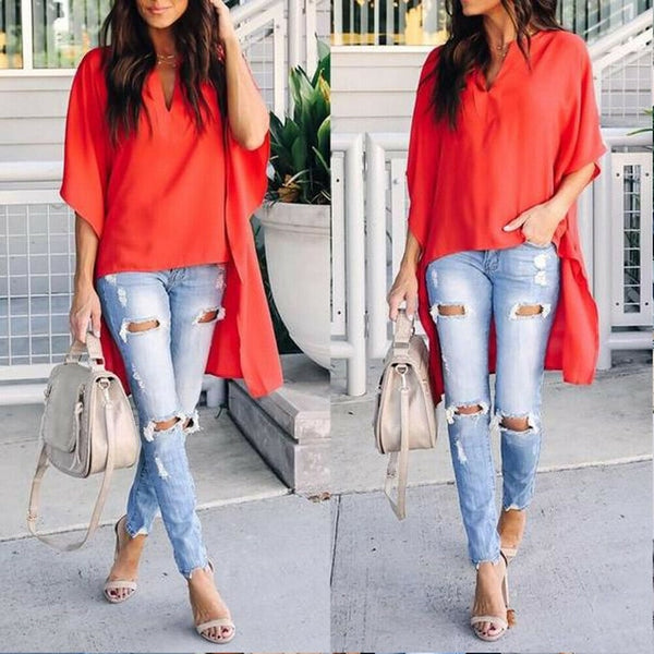 Women Elegant V-Neck Chiffon Casual Tunic Blouse