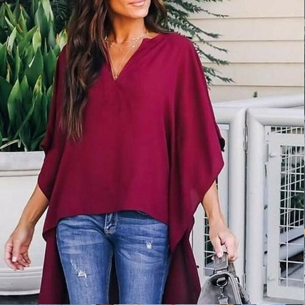Women Elegant V-Neck Chiffon Casual Tunic Blouse
