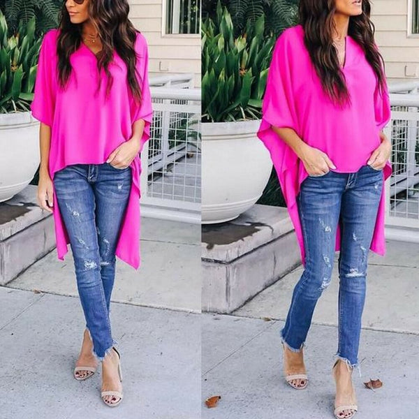 Women Elegant V-Neck Chiffon Casual Tunic Blouse