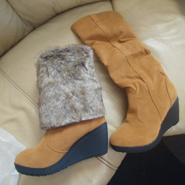 Ladies Fur High Heels Platform Knee High Snow Wedge Boots