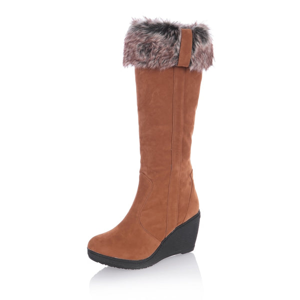 Ladies Fur High Heels Platform Knee High Snow Wedge Boots