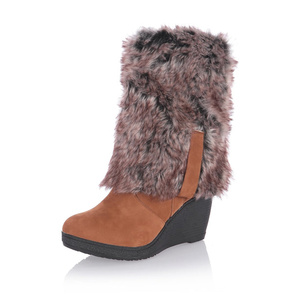 Ladies Fur High Heels Platform Knee High Snow Wedge Boots