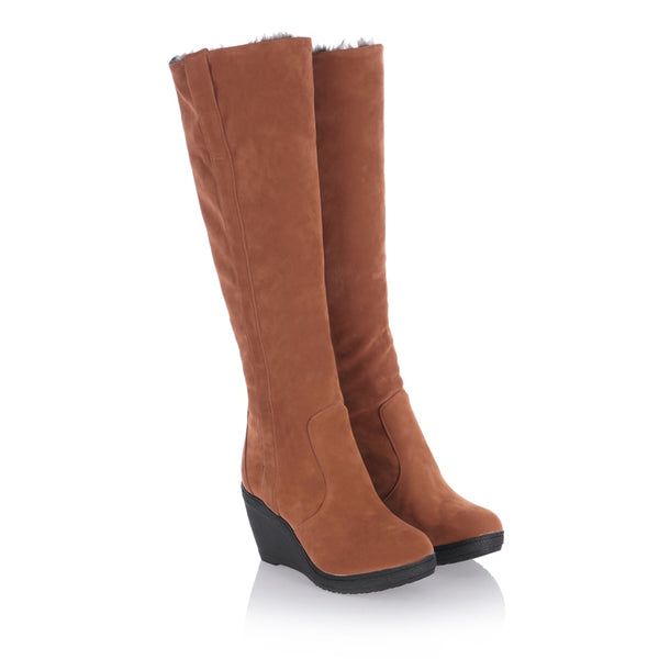 Ladies Fur High Heels Platform Knee High Snow Wedge Boots