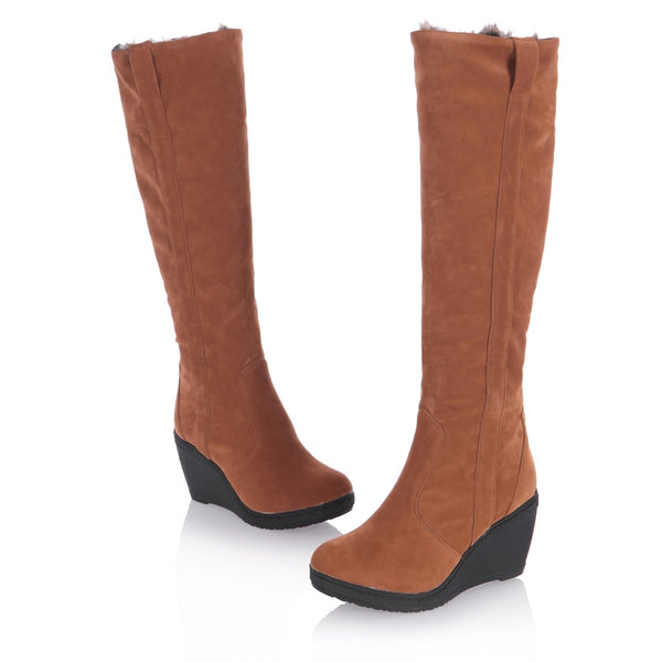 Ladies Fur High Heels Platform Knee High Snow Wedge Boots