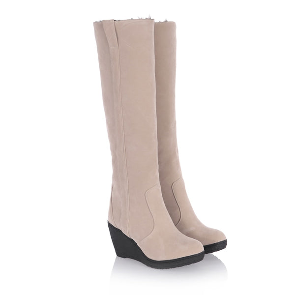 Ladies Fur High Heels Platform Knee High Snow Wedge Boots
