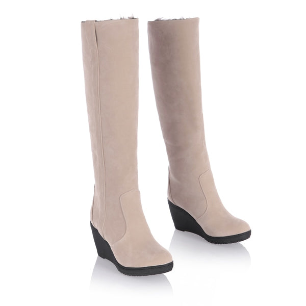 Ladies Fur High Heels Platform Knee High Snow Wedge Boots