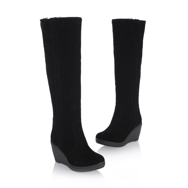 Ladies Fur High Heels Platform Knee High Snow Wedge Boots