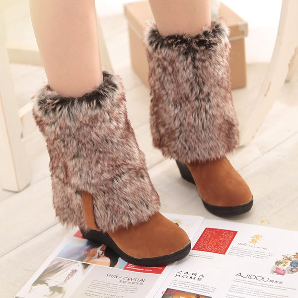 Ladies Fur High Heels Platform Knee High Snow Wedge Boots