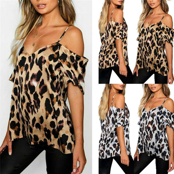 Women Leopard Print Open Shoulder Blouse