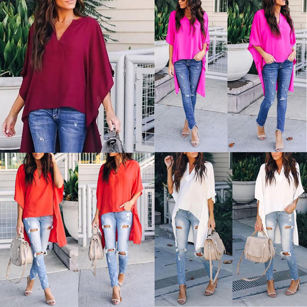 Women Elegant V-Neck Chiffon Casual Tunic Blouse
