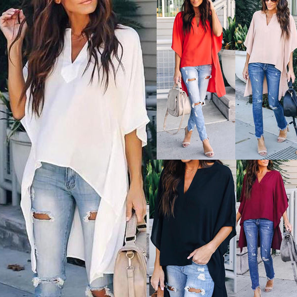 Women Elegant V-Neck Chiffon Casual Tunic Blouse