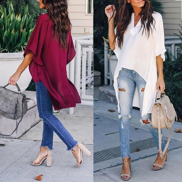 Women Elegant V-Neck Chiffon Casual Tunic Blouse