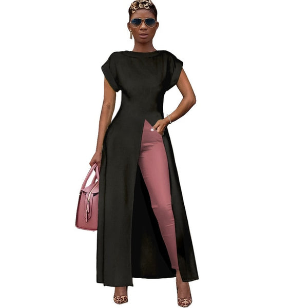 Front High Split Round Neck  Long Dress