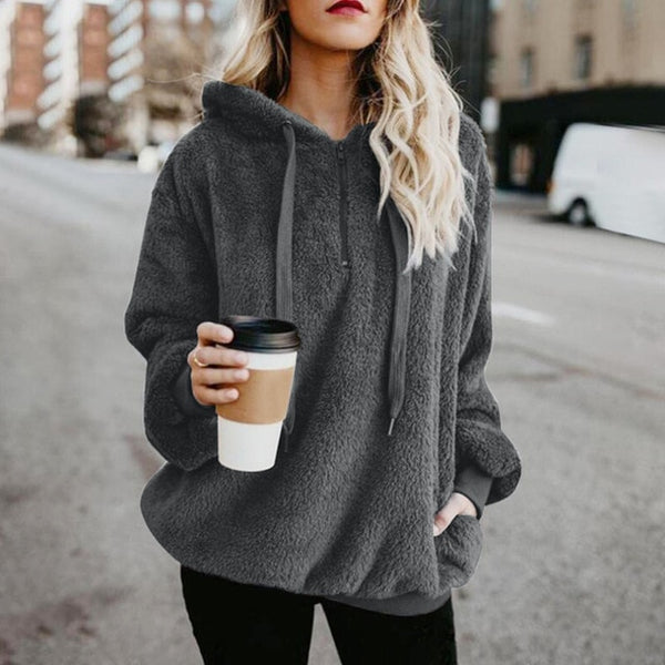 Women Fluffy Warm Winter Drawstring Hooded Casual Pullover Hoodies