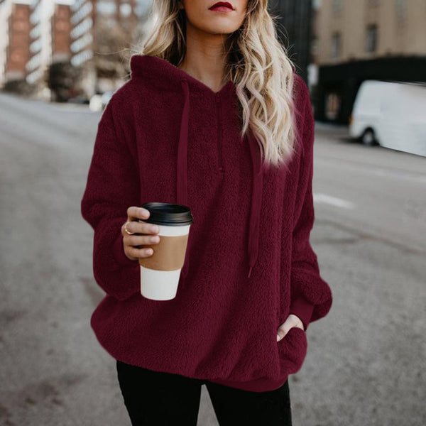 Women Fluffy Warm Winter Drawstring Hooded Casual Pullover Hoodies