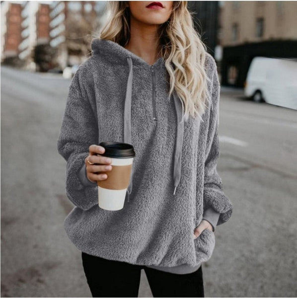 Women Fluffy Warm Winter Drawstring Hooded Casual Pullover Hoodies