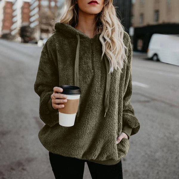 Women Fluffy Warm Winter Drawstring Hooded Casual Pullover Hoodies