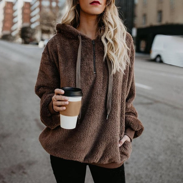 Women Fluffy Warm Winter Drawstring Hooded Casual Pullover Hoodies
