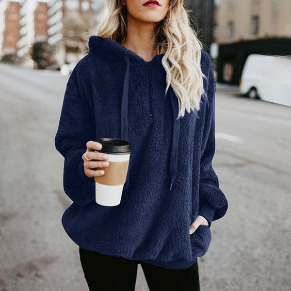 Women Fluffy Warm Winter Drawstring Hooded Casual Pullover Hoodies