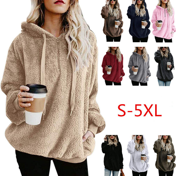 Women Fluffy Warm Winter Drawstring Hooded Casual Pullover Hoodies