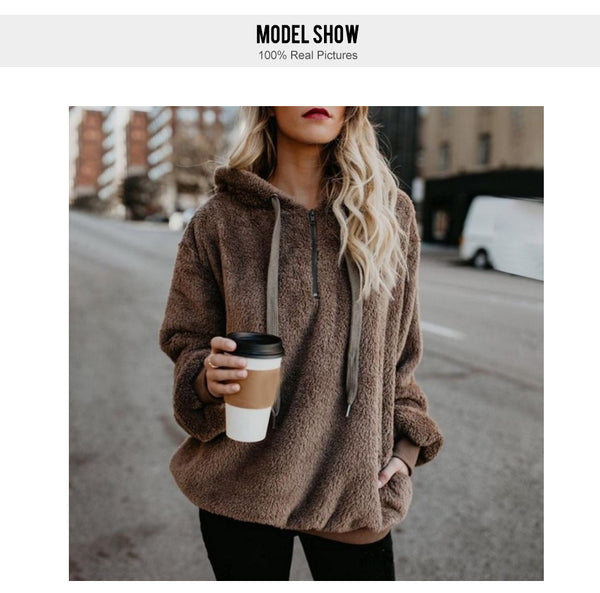 Women Fluffy Warm Winter Drawstring Hooded Casual Pullover Hoodies
