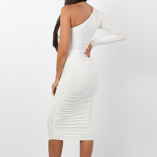 Women Elegant Fashion Sexy White Cocktail Slim One Shoulder Belted Ruched Design Body-Con Midi Dress