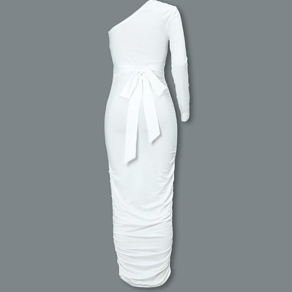 Women Elegant Fashion Sexy White Cocktail Slim One Shoulder Belted Ruched Design Body-Con Midi Dress