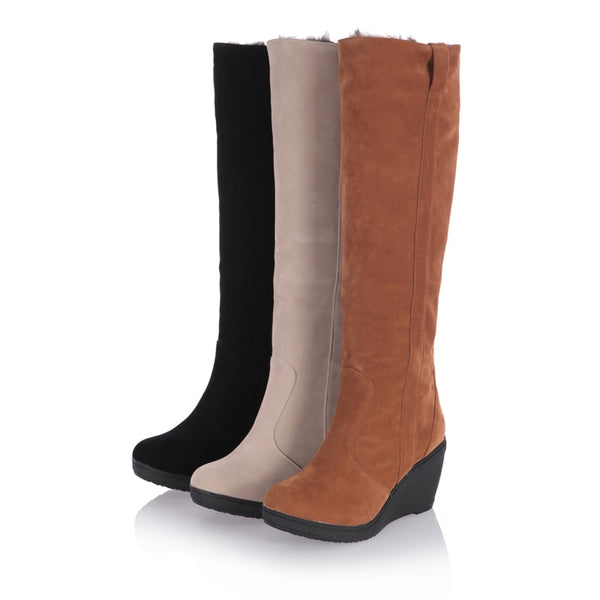 Ladies Fur High Heels Platform Knee High Snow Wedge Boots