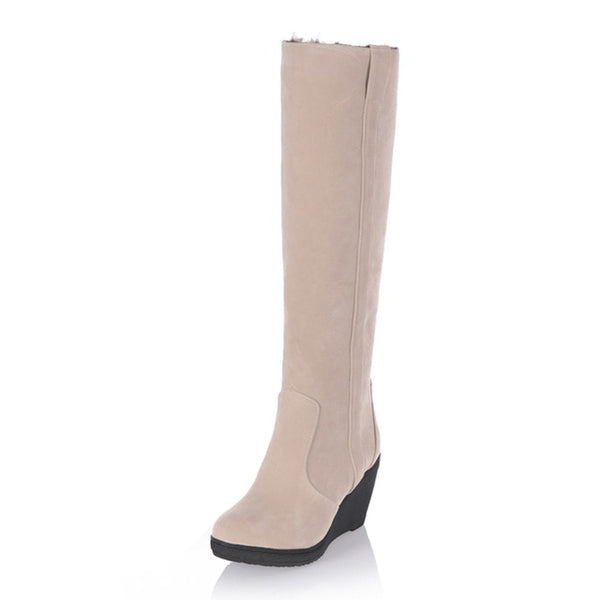 Ladies Fur High Heels Platform Knee High Snow Wedge Boots