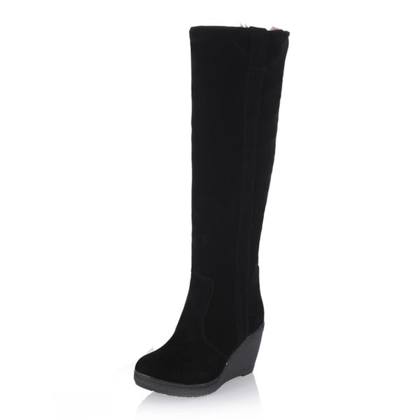 Ladies Fur High Heels Platform Knee High Snow Wedge Boots