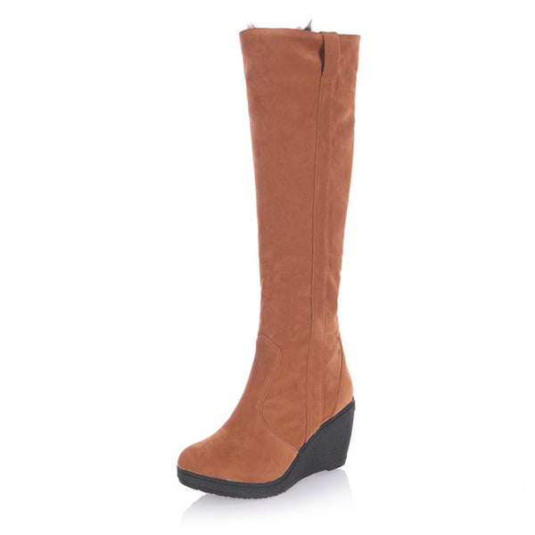 Ladies Fur High Heels Platform Knee High Snow Wedge Boots