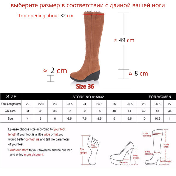 Ladies Fur High Heels Platform Knee High Snow Wedge Boots