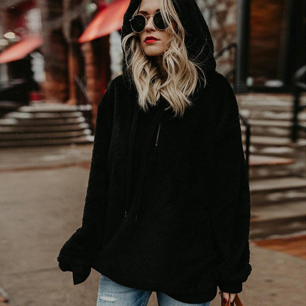Women Fluffy Warm Winter Drawstring Hooded Casual Pullover Hoodies