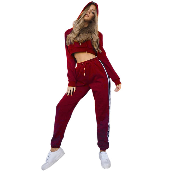 Women Sexy 2 Piece Set Crop Tops + Pants Casual Long Sleeve Hoodie Sweatsuit Set