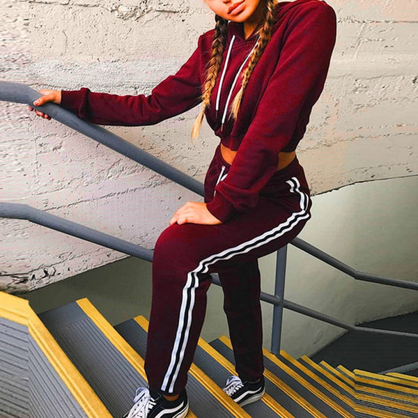 Women Sexy 2 Piece Set Crop Tops + Pants Casual Long Sleeve Hoodie Sweatsuit Set
