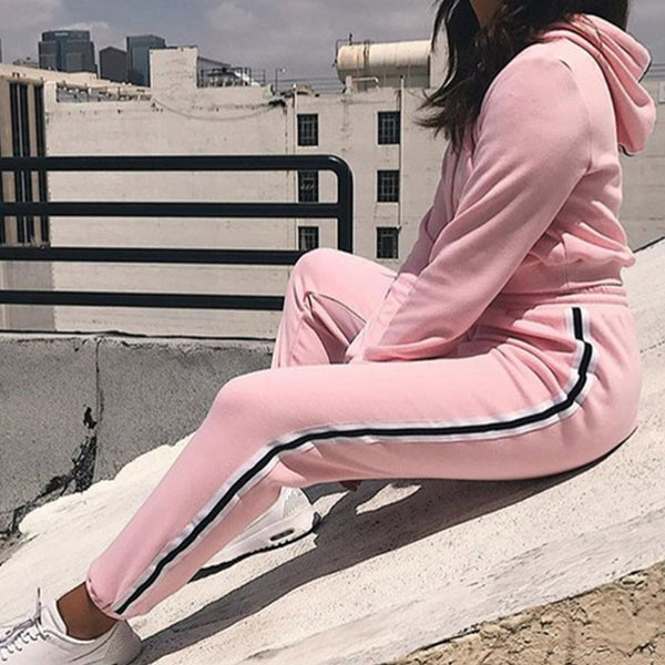 Women Sexy 2 Piece Set Crop Tops + Pants Casual Long Sleeve Hoodie Sweatsuit Set