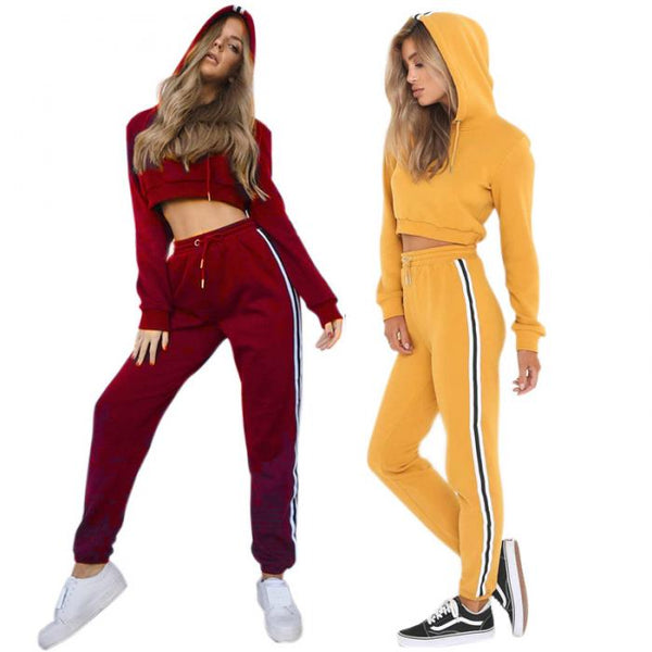 Women Sexy 2 Piece Set Crop Tops + Pants Casual Long Sleeve Hoodie Sweatsuit Set