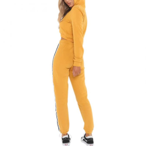 Women Sexy 2 Piece Set Crop Tops + Pants Casual Long Sleeve Hoodie Sweatsuit Set