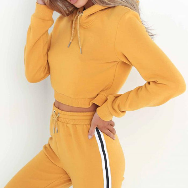 Women Sexy 2 Piece Set Crop Tops + Pants Casual Long Sleeve Hoodie Sweatsuit Set