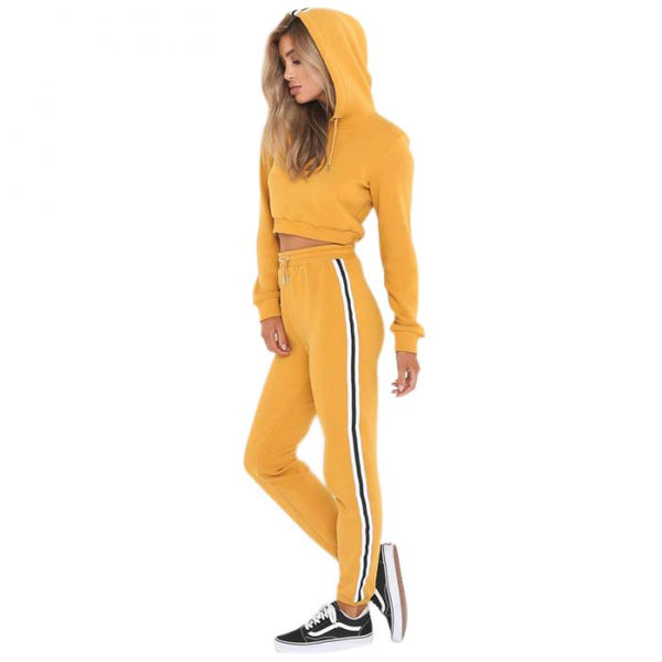 Women Sexy 2 Piece Set Crop Tops + Pants Casual Long Sleeve Hoodie Sweatsuit Set