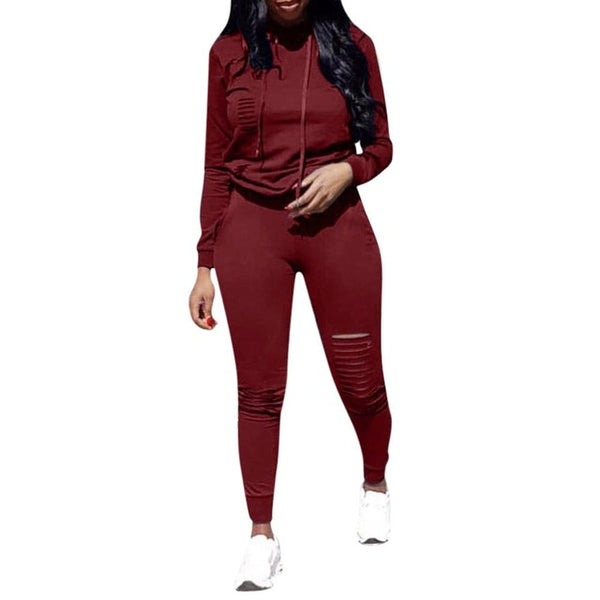 Women Fashion  Long Sleeve Hoodies Drawstring Sport Set