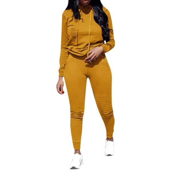 Women Fashion  Long Sleeve Hoodies Drawstring Sport Set